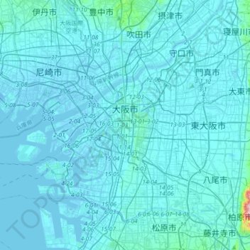 Carte topographique Osaka, altitude, relief