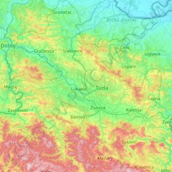 Carte topographique Canton de Tuzla, altitude, relief