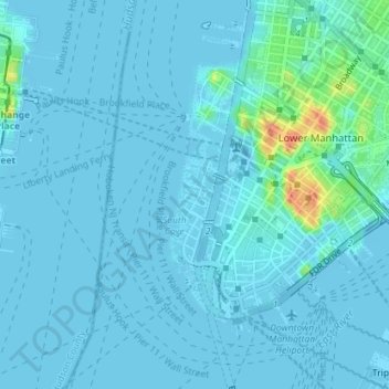 Carte topographique Battery Park City, altitude, relief