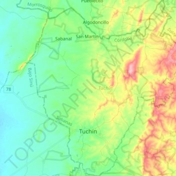 Carte topographique Tuchín, altitude, relief