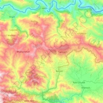 Carte topographique Tansen, altitude, relief