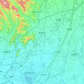Carte topographique Tochigi, altitude, relief