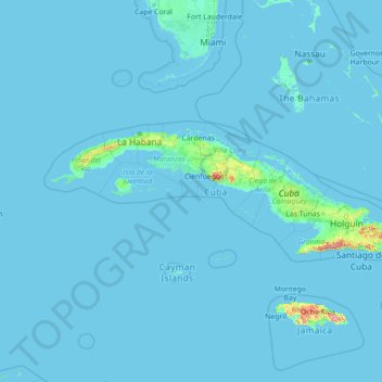 Carte topographique Cuba, altitude, relief