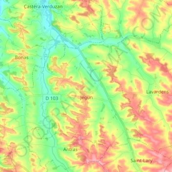 Carte topographique Jegun, altitude, relief