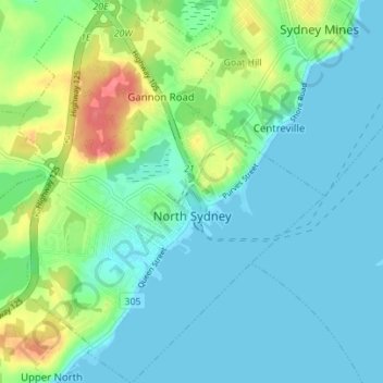 Carte topographique North Sydney, altitude, relief