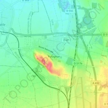 Carte topographique Pusignan, altitude, relief