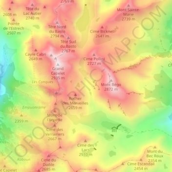 Carte topographique Zone réglementée des Merveilles, altitude, relief