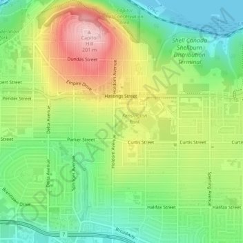 Carte topographique Beecher Creek, Trib 4 (according to Burnaby City map), altitude, relief