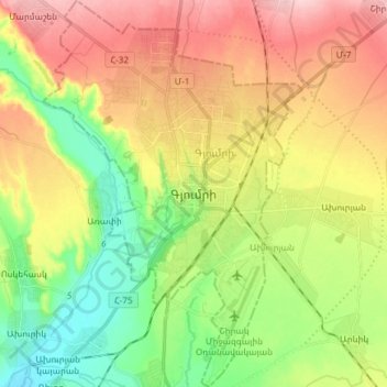 Carte topographique Gyumri, altitude, relief