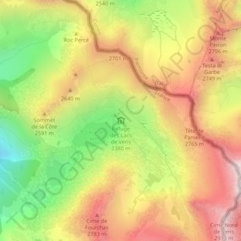 Carte topographique Refuge des Lacs de Vens, altitude, relief