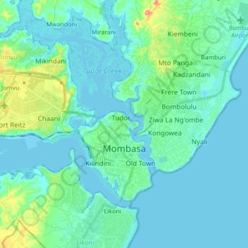 Carte topographique Mombasa, altitude, relief