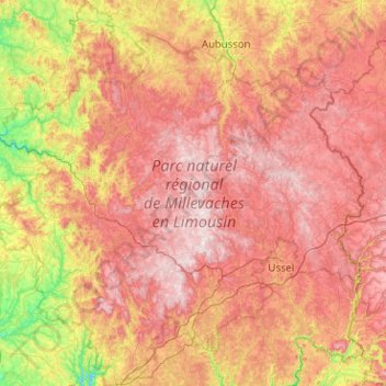 Carte topographique Parc naturel régional de Millevaches en Limousin, altitude, relief